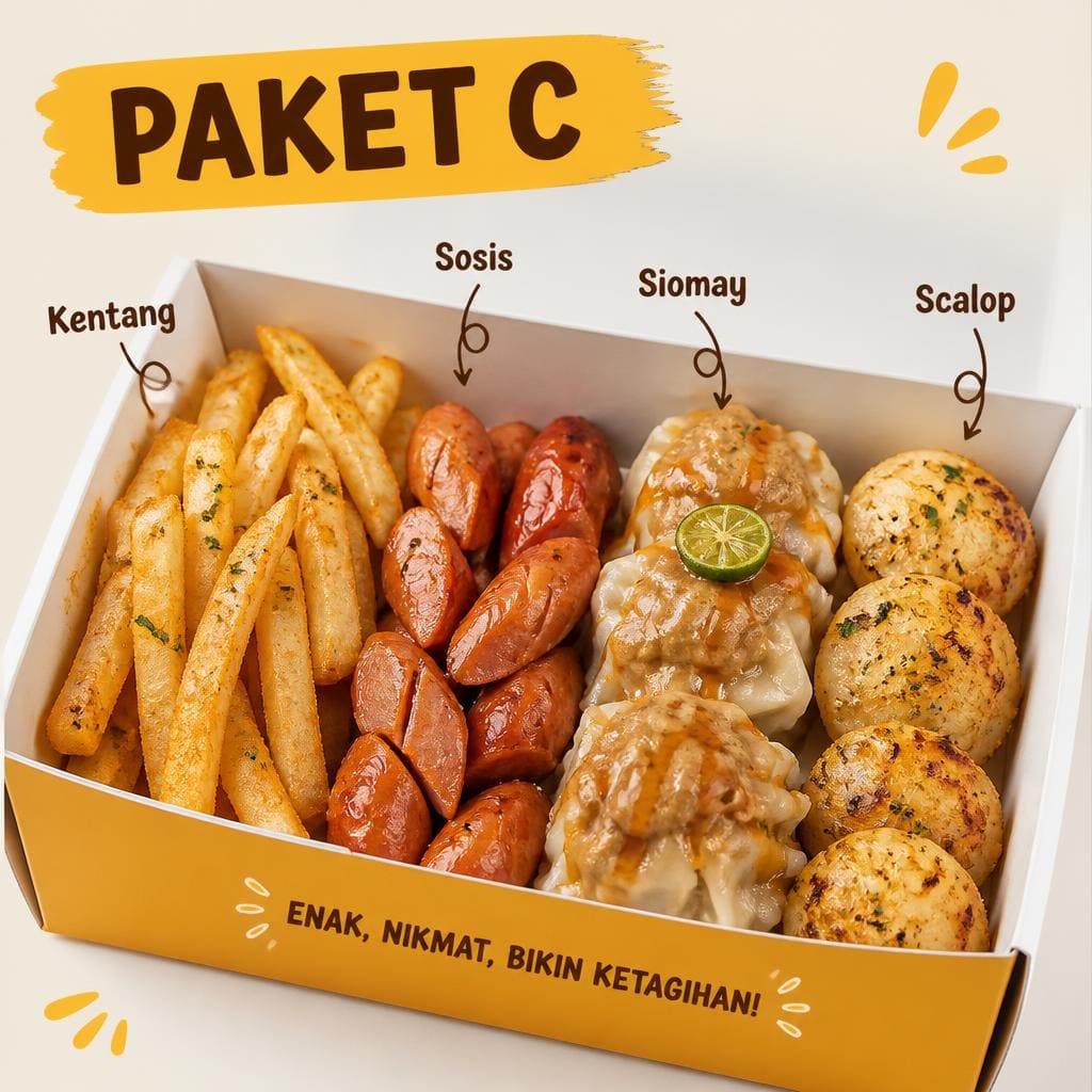Paket C Warkop 84 berisi kentang sosis siomay dan scalop